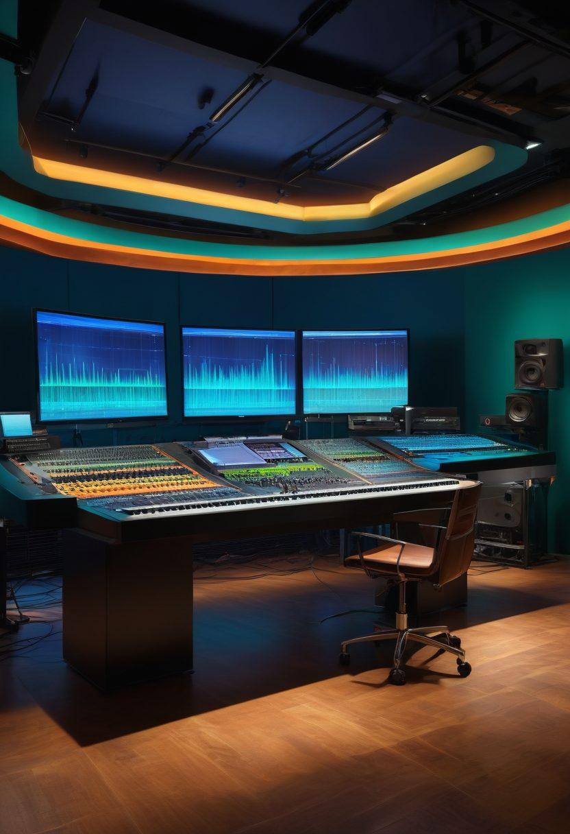 A modern music studio with Kjaerhus Audio equipment prominently displayed, showcasing an audio mixing console with colorful soundwave visuals emanating from it. A musician passionately manipulating the controls with a backdrop of vibrant sound panels and warm studio lighting. Incorporate elements of creativity and inspiration in the atmosphere. super-realistic. vibrant colors. 3D.