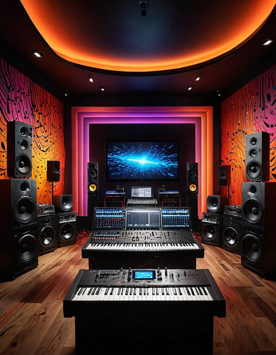An imaginative music studio filled with Kjaerhus audio gear, featuring vibrant mixing consoles, dynamic soundwaves visually represented, and colorful musical notes floating around. Capture the essence of creativity with a warm ambiance and dynamic lighting to inspire music production. super-realistic. vibrant colors. 3D.