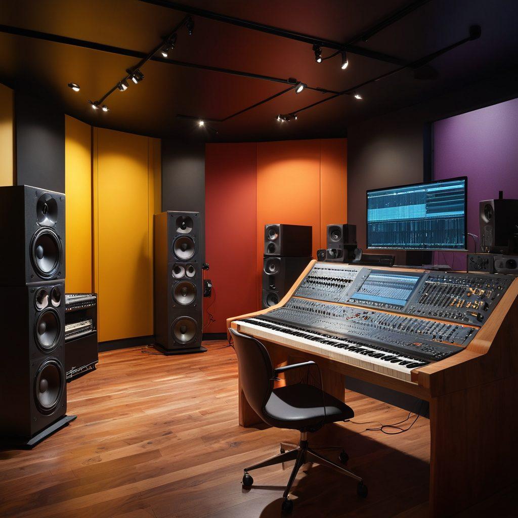A sleek modern studio filled with Kjaerhus Audio gear, showcasing digital audio workstations and sound mixing equipment. The atmosphere is vibrant and inspiring, with musicians and producers deeply engaged in the creative process. Warm lighting accentuates the polished surfaces of the gear while musical notes and sound waves swirl around, symbolizing creativity and transformation. The background features abstract representations of sound and music. super-realistic. vibrant colors. 3D.